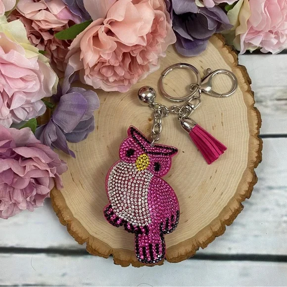 Hot Pink & Silver Rhinestone Owl Keychain & Tassel Charm - Picture 2 of 5